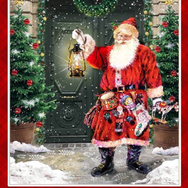 Un Babbo Natale vestito di rosso con addobbi natalizi verdi.