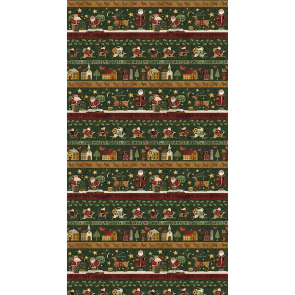 Bordi verde scuro con babbi Natale rossi che cavalcano renne e casette decorate