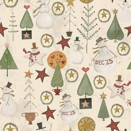 Pupazzi di neve biscotti e alberi folk su fondo avorio