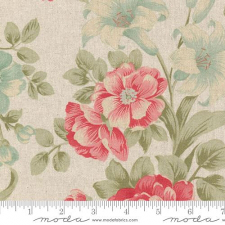 Fantasia grande fondo beige chiaro con grandi fiori rossi e azzurri.