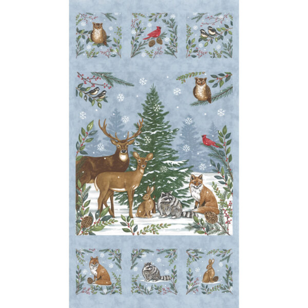 Fondo azzurro con animali vari e fiocchi di neve