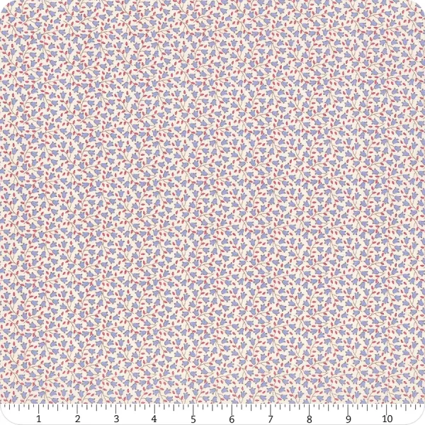 Sfondo avorio con piccoli tulipani azzurri e foglie rosse