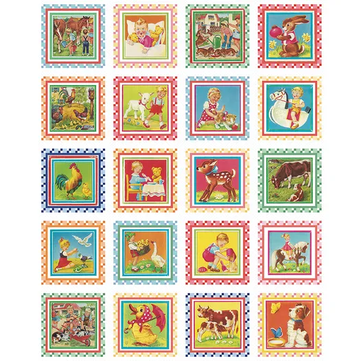 Immagini vintage di bambini e animali con colori rosso azzurro e giallo