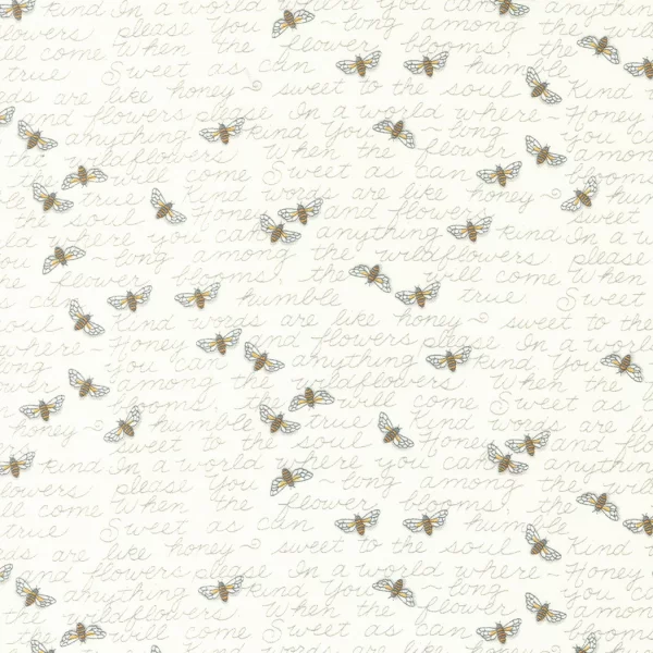 Tessuto Honey and Lavender Text and Bees on White Moda Fabrics