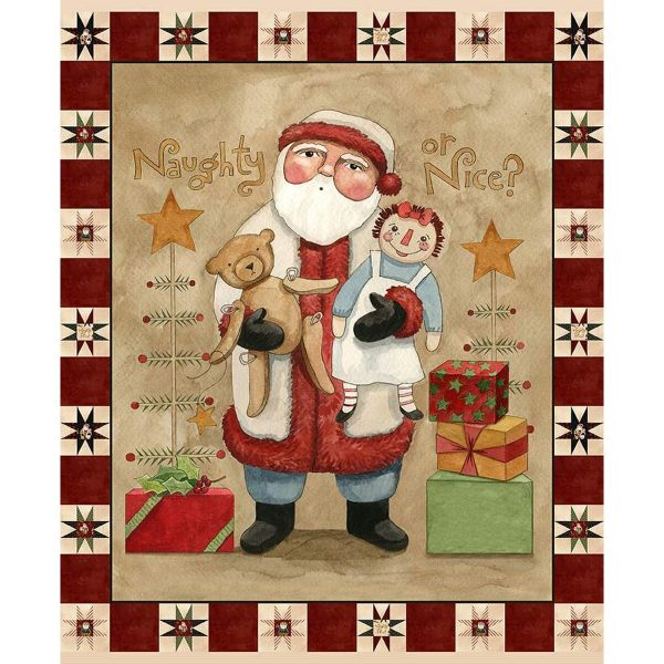 Pannello natalizio con Babbo Natale con in braccio una bambola e un orsacchiotto